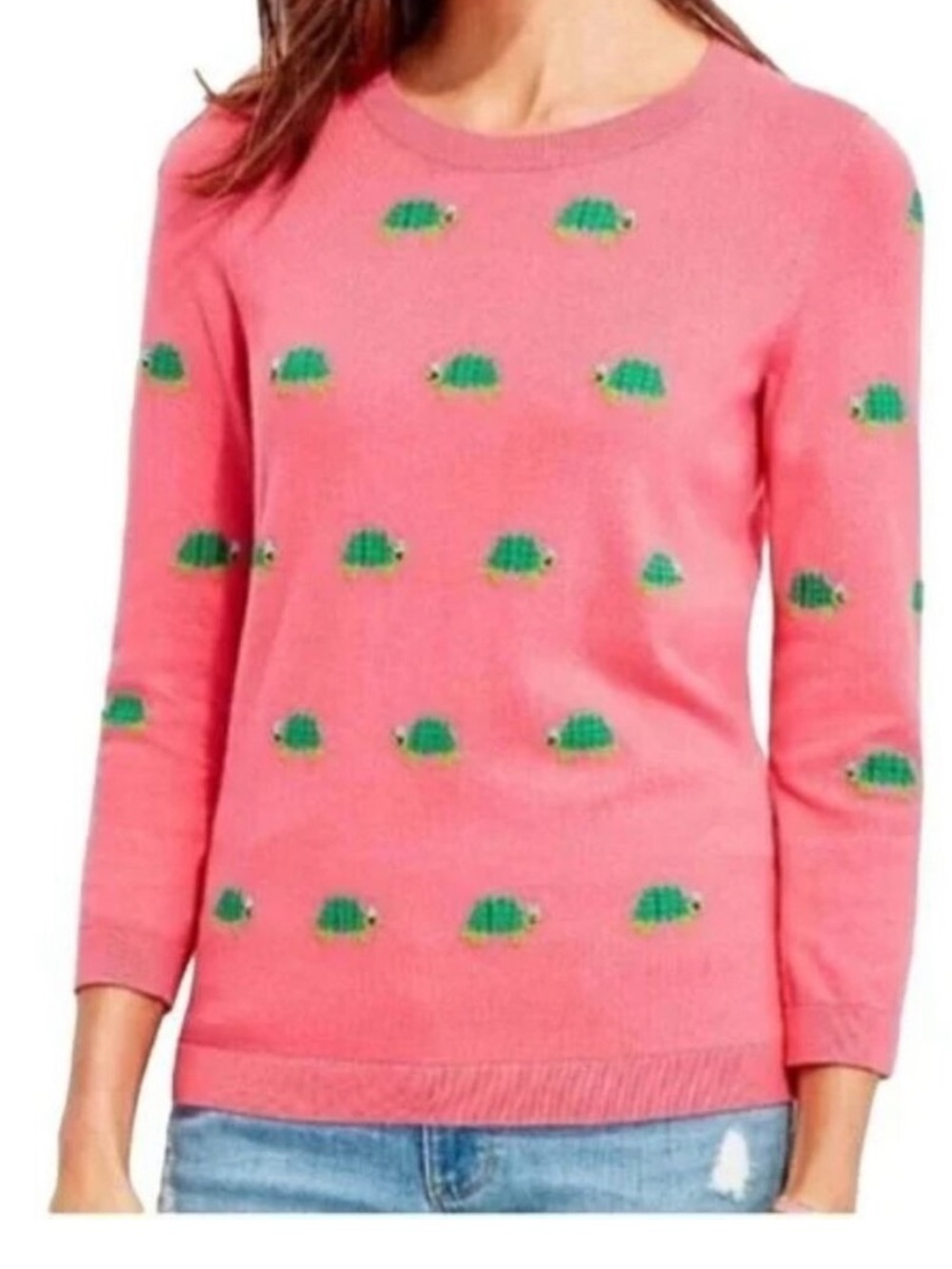 Talbots Coral Pink Crewneck Sweater Green Turtle Novelty Beaded Small Petite